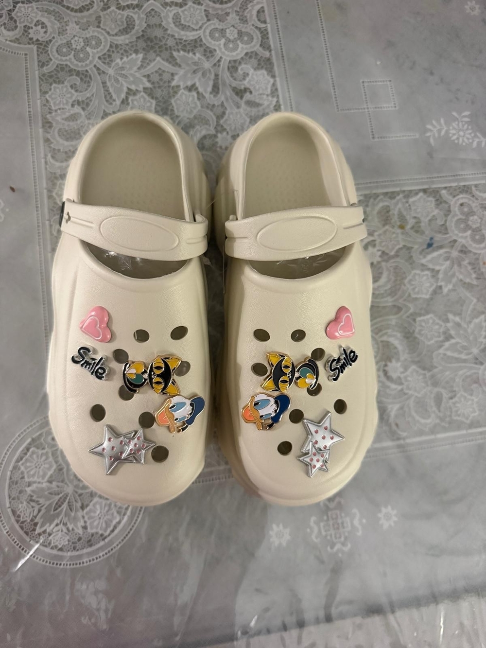 Kids Cream Clog Shoes with Decorative Charms